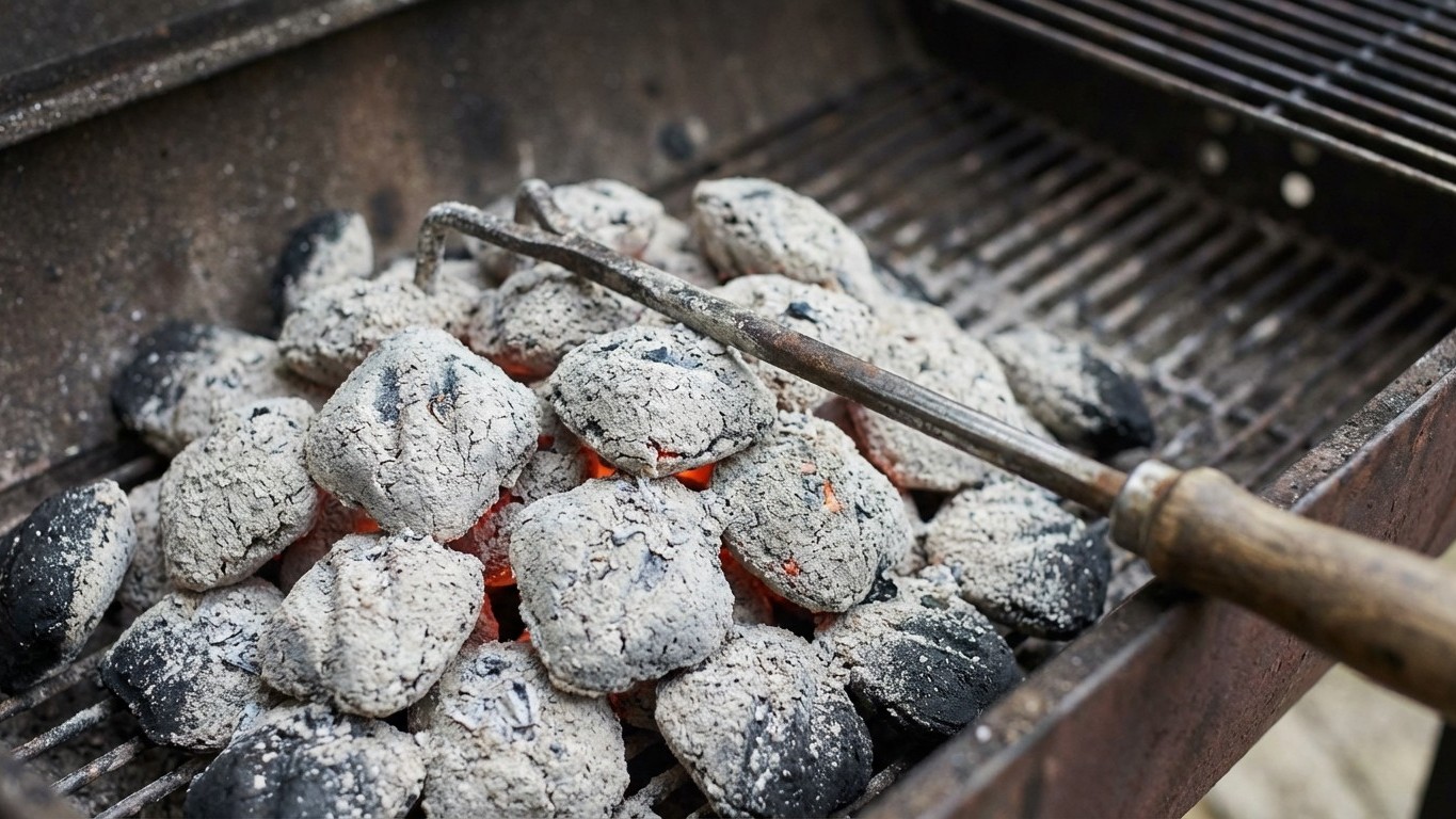 Après trois heures de fumage, le charbon ne manque pas d'air : c'est une couche invisible qui étouffe la braise