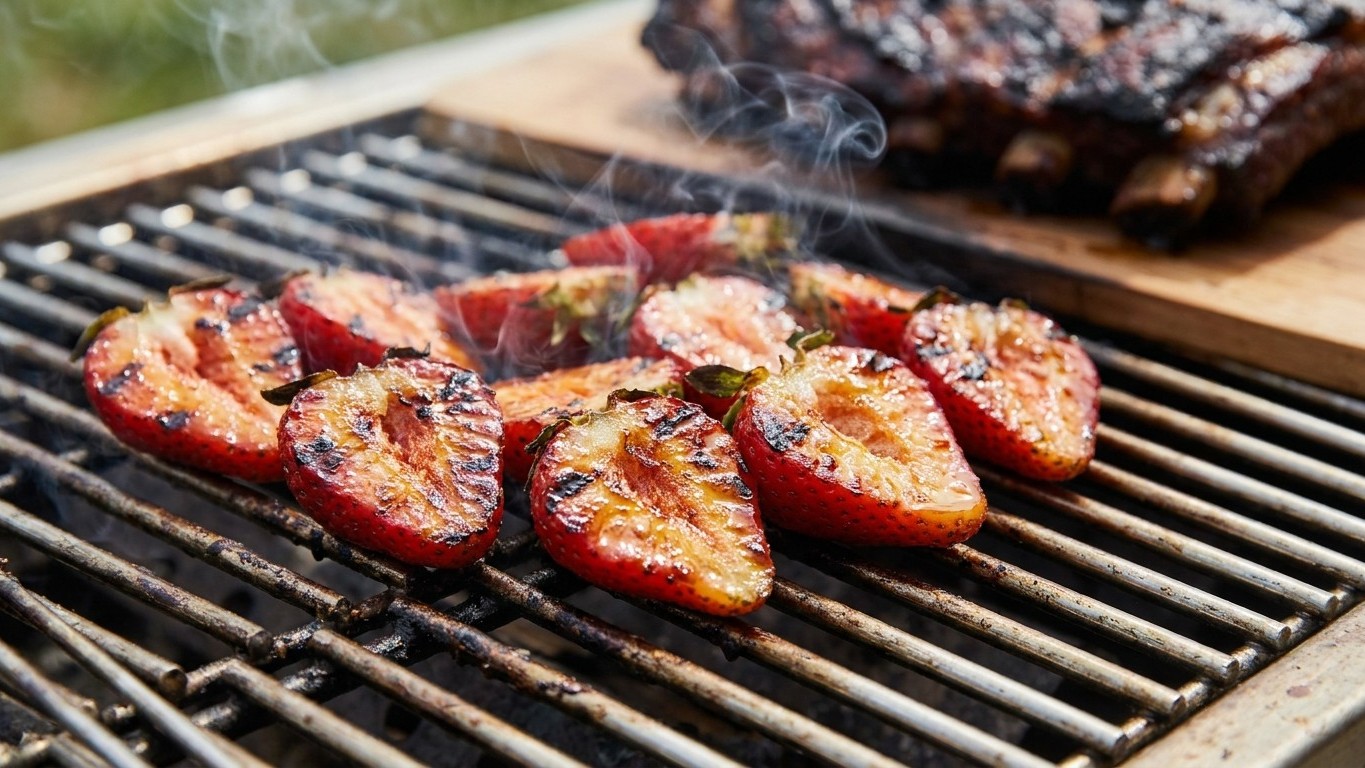 Les pitmasters posent leurs fraises directement sur la grille : quand on goûte le résultat à côté de la viande, on comprend