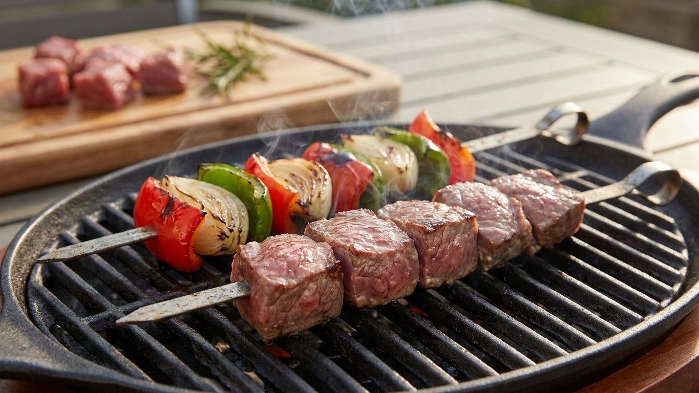 J’ai séparé le bœuf et les poivrons sur deux piques juste pour gagner de la place : depuis, ma viande ne rend plus une gou...