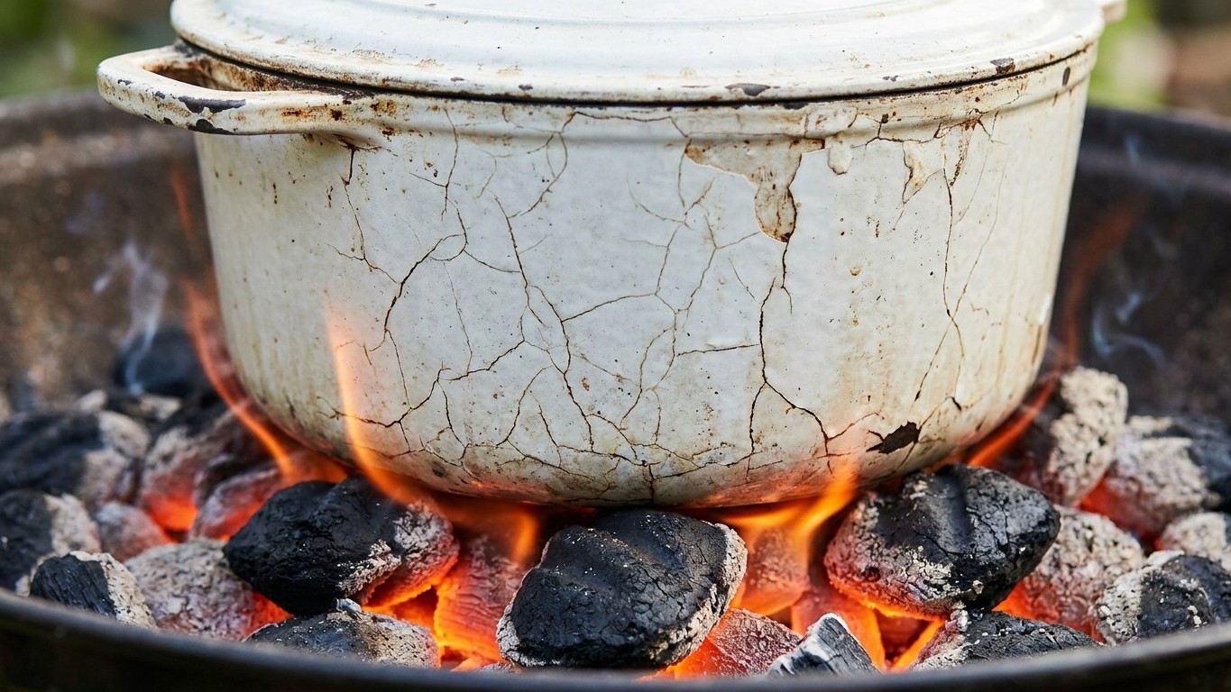On s'obstine tous à caler les plats émaillés directement sur les braises, alors que ce choc d'une seconde ouvre dans l'éma...